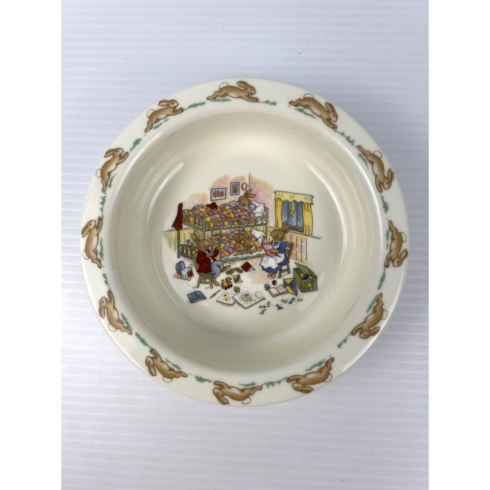 Royal Doulton Bunnykins Cereal Bowl Bone China Running Rabbit Rim Bunk Bed Scene